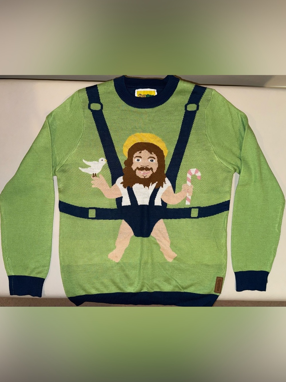 Tipsy Elves Lime Green Crewneck Sweater with Navy Suspenders and Yellow Halo